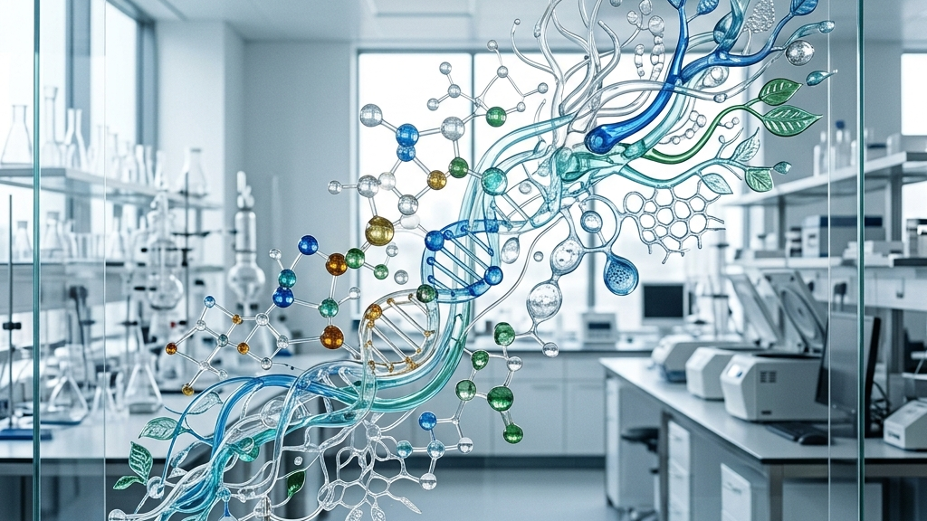ガラス細工のように繋がり合う分子構造を表現した、明るく透明感のある実験的なミニマリズムアート