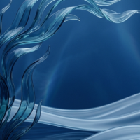 静寂な海と波のうねりを表現し、海藻由来の循環を象徴する深い青のコンセプチュアルアート