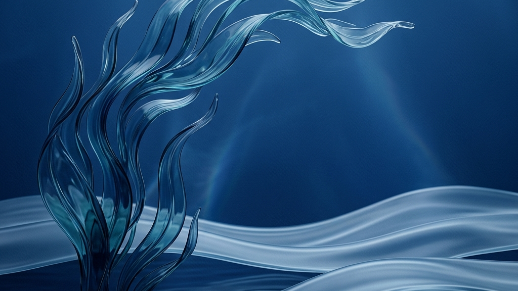 静寂な海と波のうねりを表現し、海藻由来の循環を象徴する深い青のコンセプチュアルアート