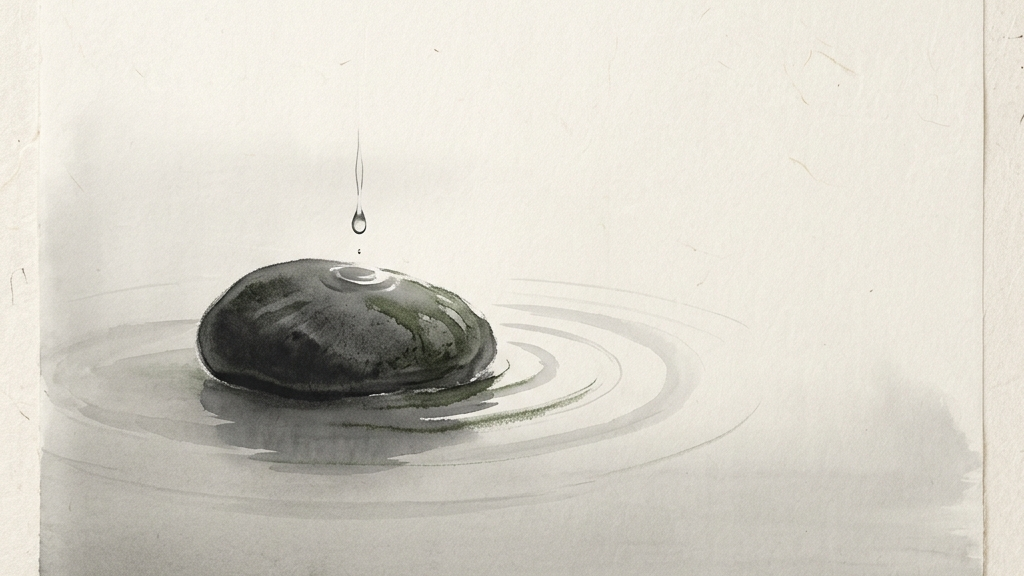 滑らかな黒い石に落ちる一滴の水が美しい波紋を広げ、静けさの中に溶けていく日本の禅を感じるミニマルアート