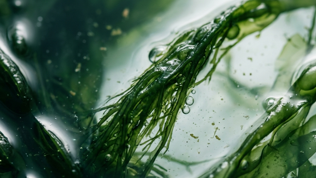 海藻の流体的なテクスチャと深い緑が溶け合う、自然の神秘を写し取ったマクロ撮影風アート