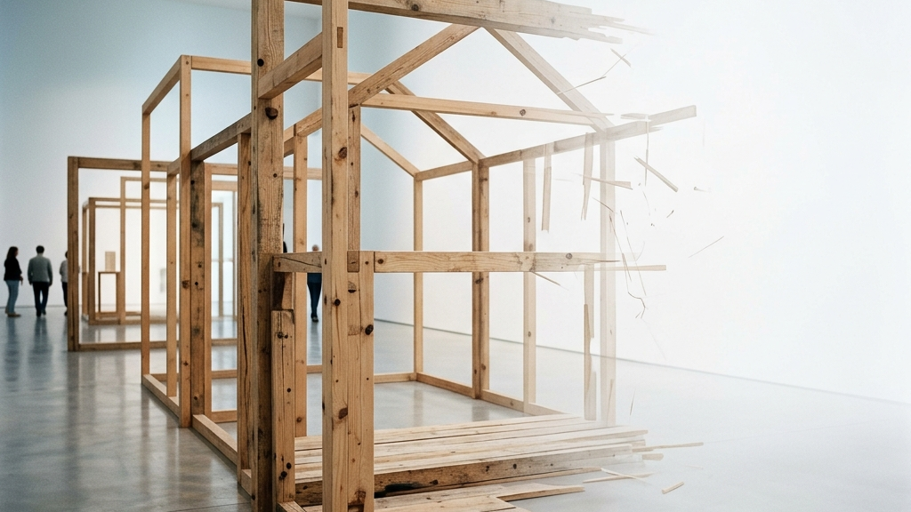 一時的な展示空間を想起させるミニマルで静謐な木壁、空間の脆さと時の経過を感じさせるアート