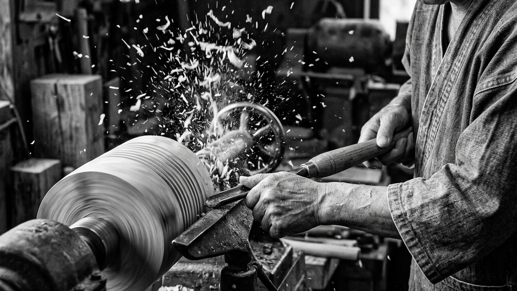 高速回転する轆轤に刃を当てて白木を削り出す研ぎ澄まされた職人の手仕事