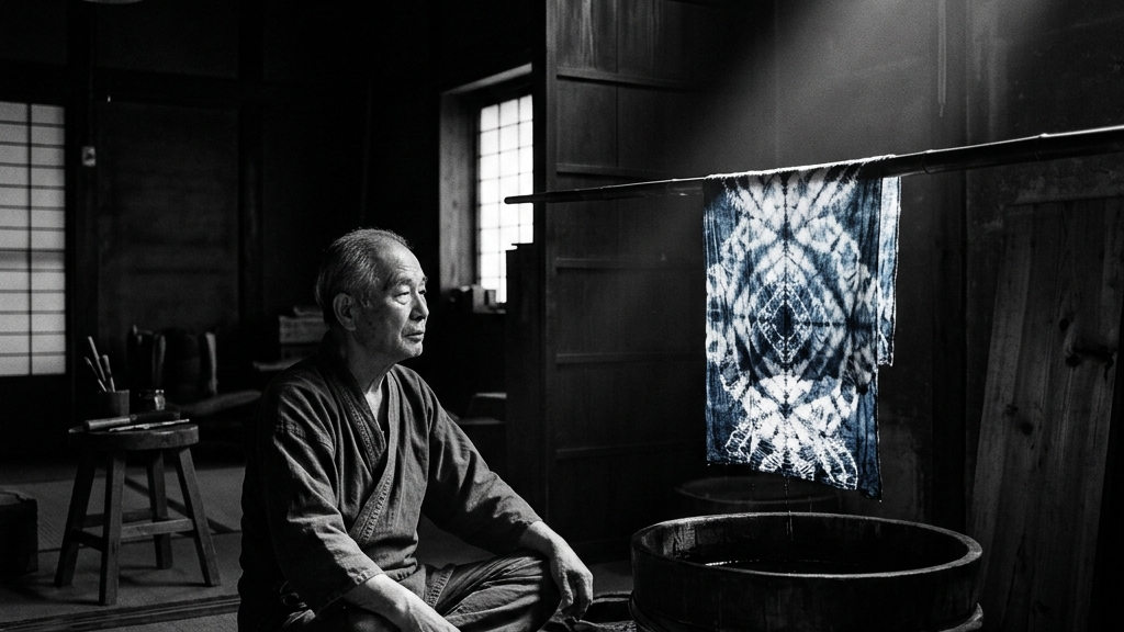 深い暗闇の中で静かに完成を待つ絞り染めの布と職人の孤高の存在感