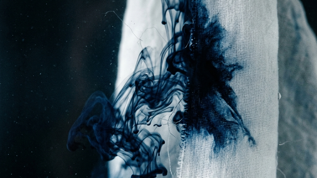 コントロール不能な藍の染料が布に予期せぬ滲みと美しいグラデーションを生む瞬間