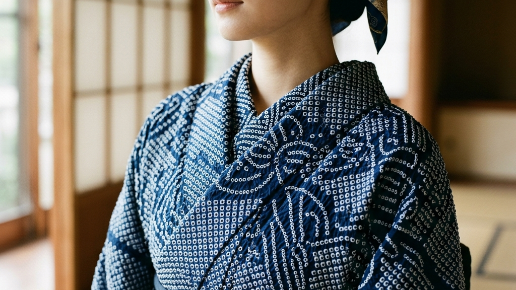 完成までに2年を要する有松絞りの着物と何千万回と糸を結んだ布の凹凸