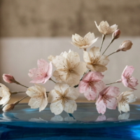 深い青色のリサイクルガラスの上に静かに佇む、越前和紙で作られた満開の桜のコンセプチュアルアート