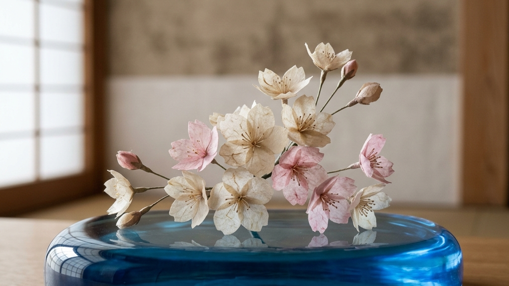 深い青色のリサイクルガラスの上に静かに佇む、越前和紙で作られた満開の桜のコンセプチュアルアート