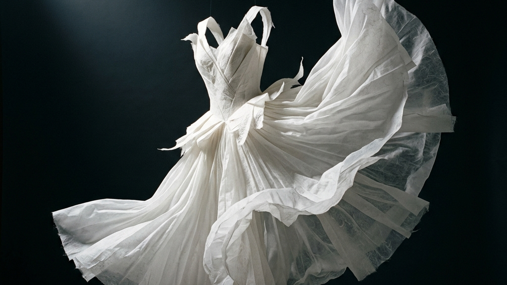 純白の越前和紙で作られた、オートクチュールのように美しく彫刻的なバレエの特製衣装。薄暗い空間に一筋のスポットライトが当たる