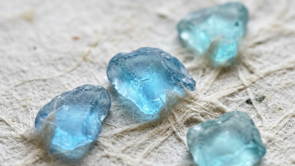 越前和紙のきめ細かい繊維のテクスチャーと、透過する光を美しく反射するブルーのリサイクルガラスのマクロ撮影