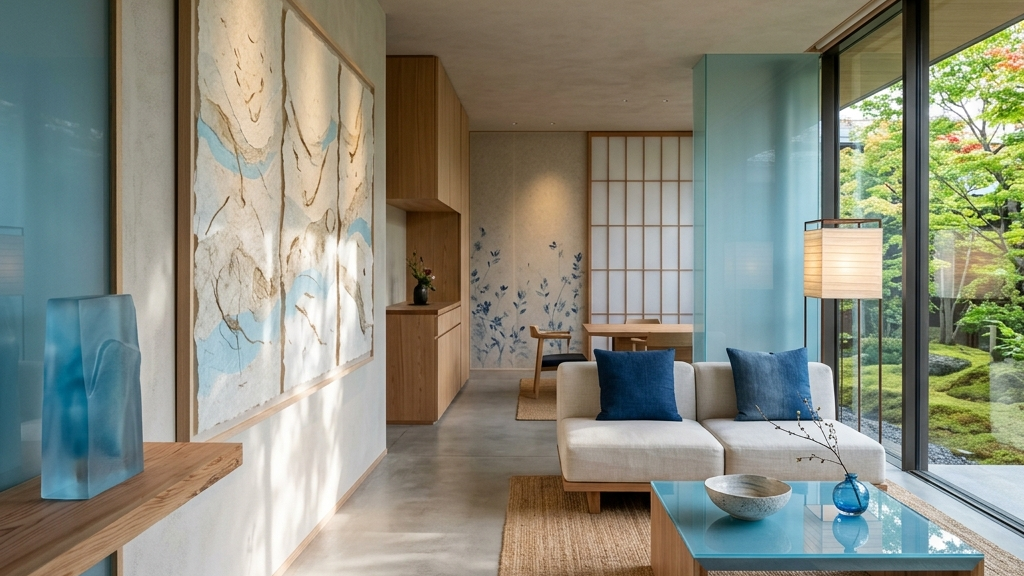 ミニマリズムを極めたラグジュアリーな現代の室内空間に、和紙とブルーグラスのコンセプチュアルアートが完璧に調和している