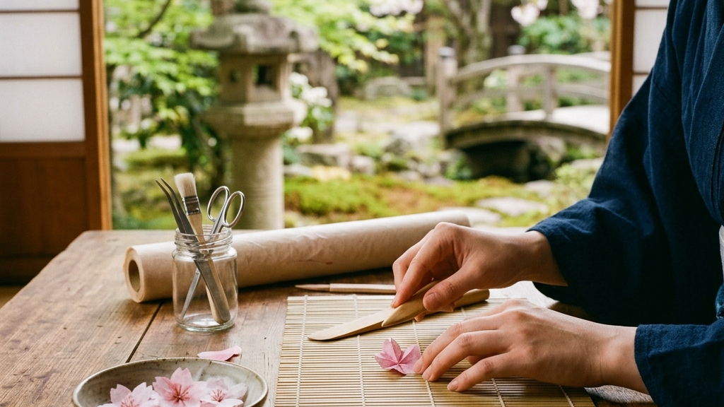 静謐な日本庭園を借景に、和紙の桜の花びらを手仕事で丁寧に束ねていくワークショップの様子