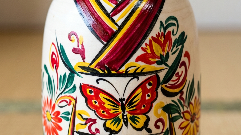 頭頂部の多色ろくろ線と女性的で開放的なフォルムを持つ弥治郎こけし