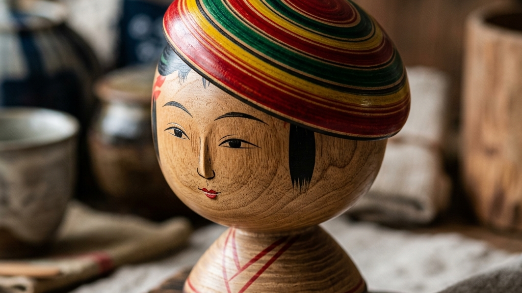 鮮烈な染料によって彩られる弥治郎こけしの頭部と白木の質感