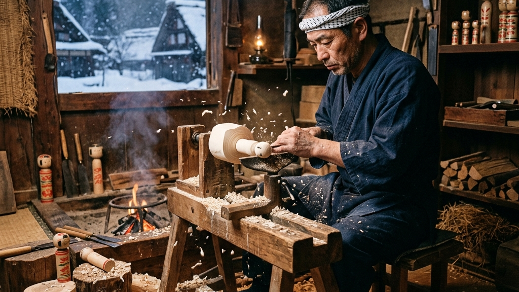 鎌先温泉の湯煙と江戸時代から続く木地師の轆轤（ろくろ）のある風景