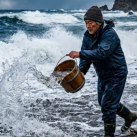 吹き荒れる日本海の風の中、砂浜に海水を撒き散らす吹き荒れる日本海の風の中、砂浜に海水を撒き散らす職人の姿職人の姿