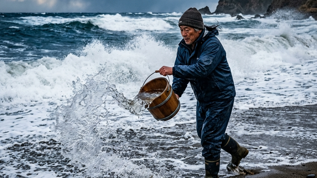 吹き荒れる日本海の風の中、砂浜に海水を撒き散らす吹き荒れる日本海の風の中、砂浜に海水を撒き散らす職人の姿職人の姿
