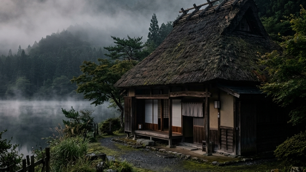 室町時代から700年の時を生き延びた日本最古の木造民家「箱木千年家」の静謐な佇まい。つくはら湖畔に静かに佇む茅葺き屋根と、歴史の風格が薫る重厚な外観。