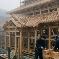 赤瓦と漆塗りの首里城正殿が、朝霧の中で厳かに再建されていく静謐な光景。宮大工の手仕事と歴史的建築の骨組みが美しく調和するビジュアル