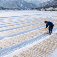 一面の雪原に広げられた、純白の楮繊維が冬の柔らかな太陽の光を浴びている静謐な風景