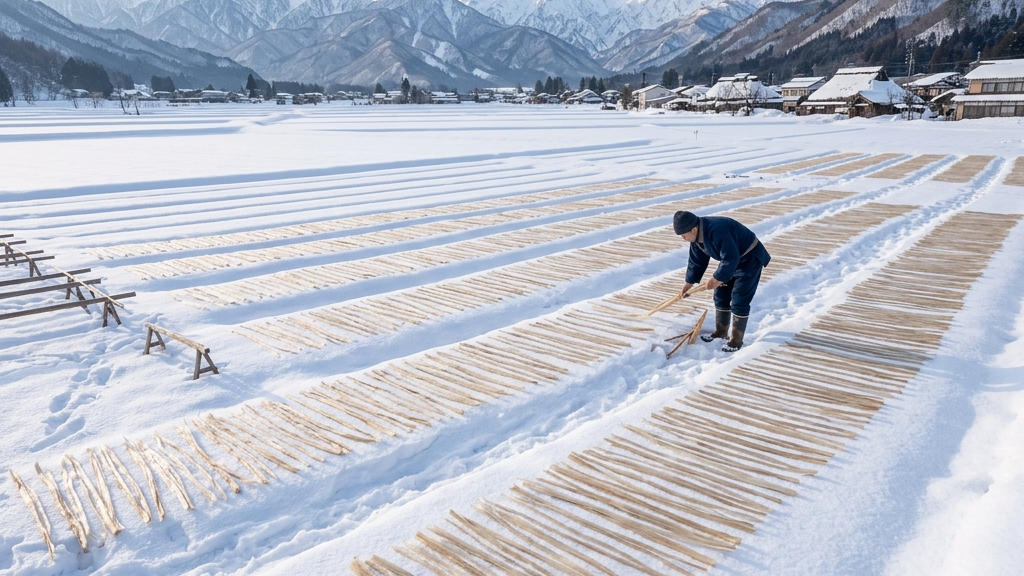 一面の雪原に広げられた、純白の楮繊維が冬の柔らかな太陽の光を浴びている静謐な風景