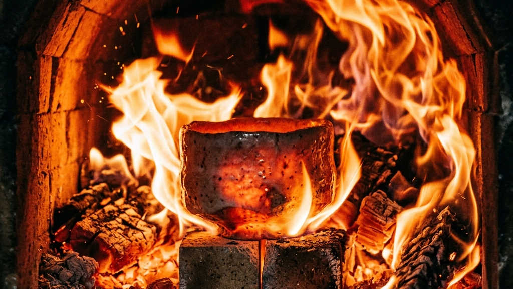 赤々と燃え盛る穴窯の中で炎の洗礼を受ける志野焼茶碗の様子