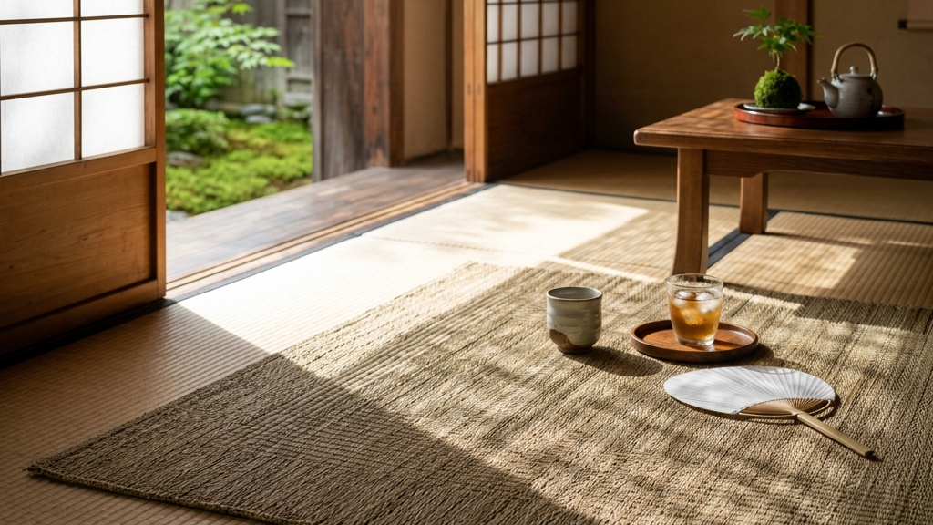 蒸し暑い夏の光が差し込むリビングで、涼しげに広げられた国産い草ラグの上に落ちる美しい光と影の陰影