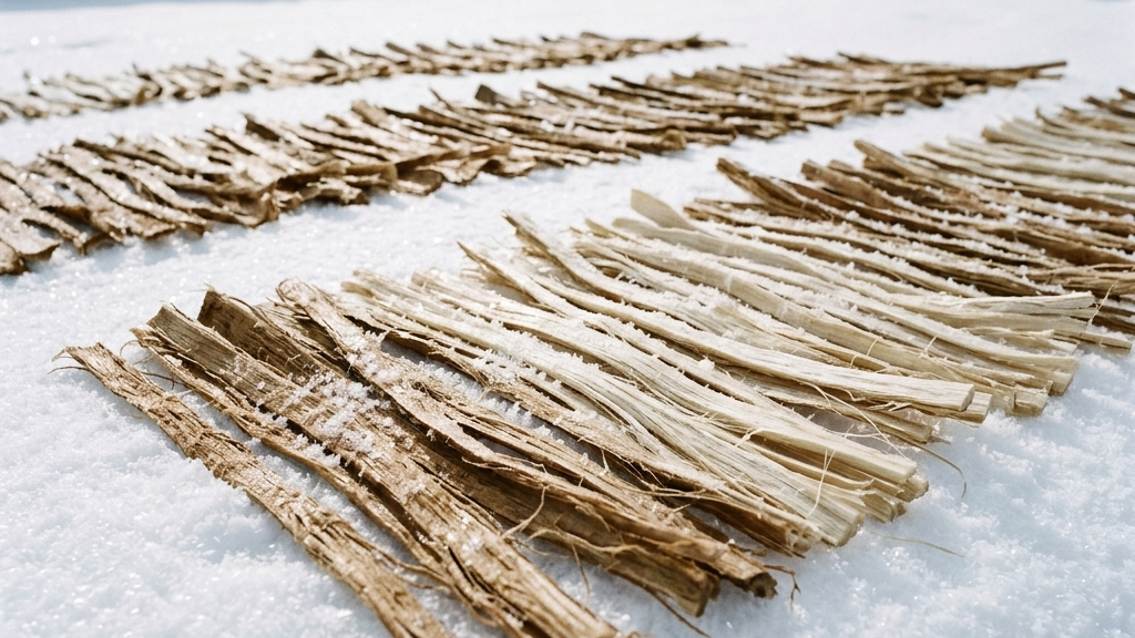 雪原に敷き詰められた茶褐色の楮の皮が、まばらに積もる雪の間から太陽を浴びている雪晒しの様子