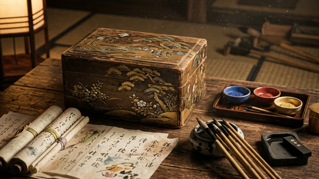 江戸時代の駿府を思わせる歴史的資料と蒔絵の古道具