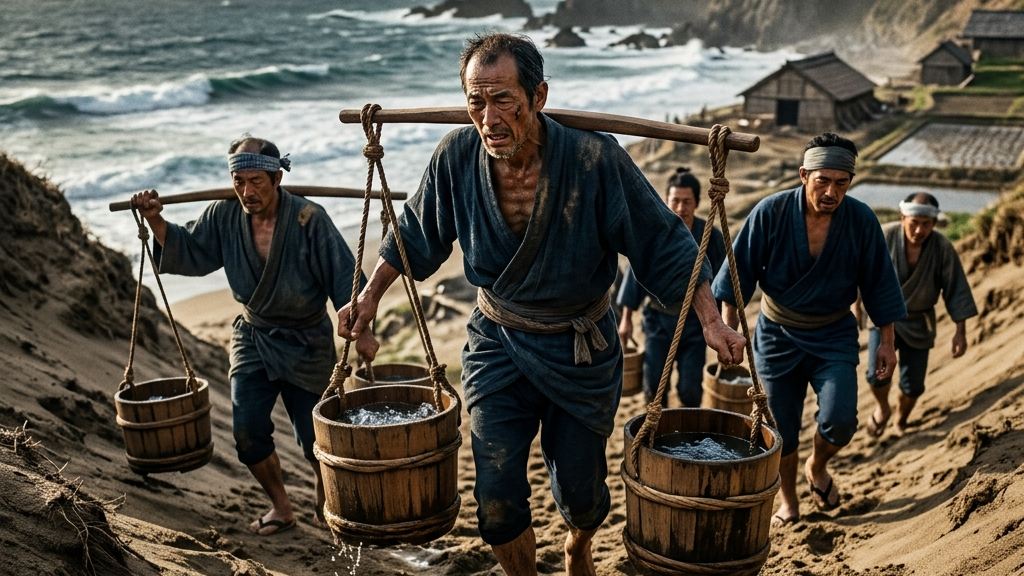 重い海水の桶を担ぎ、過酷な砂浜を登る農民たちの歴史的風景