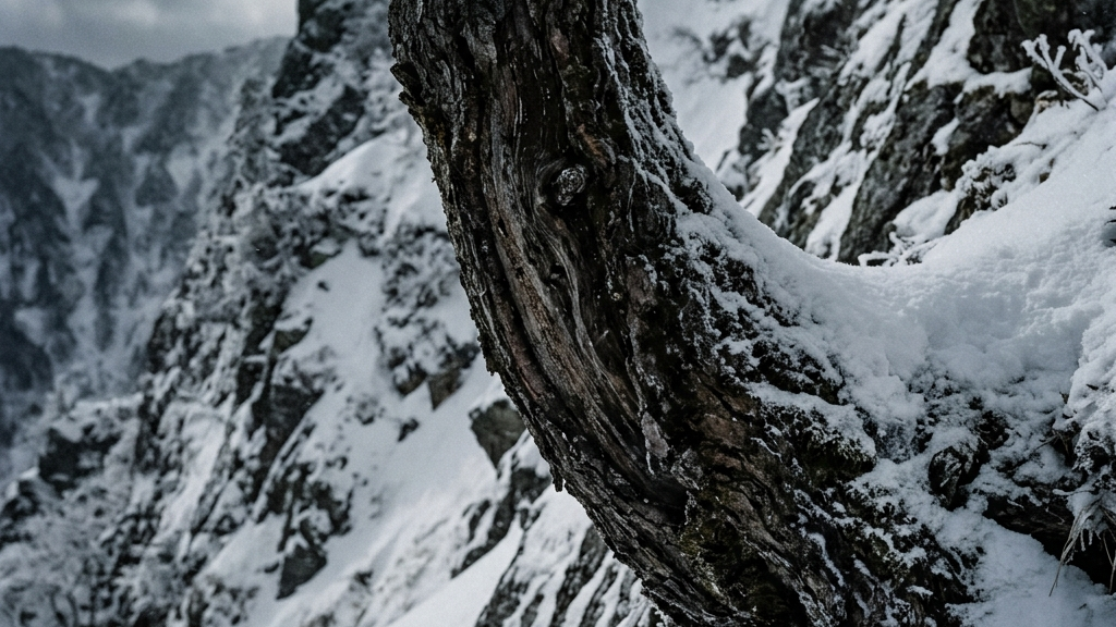 厳しい冬の木曽の雪山で、冷たい風に耐えながら自生するみねばり(ミネバリ)の樹木。周囲の雪景色と対比される力強い幹