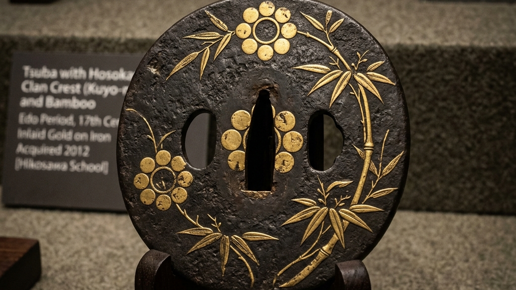 細川家の家紋や格式高い古典的意匠が緻密に施された、江戸時代の本物の肥後象嵌の刀鍔の展示品