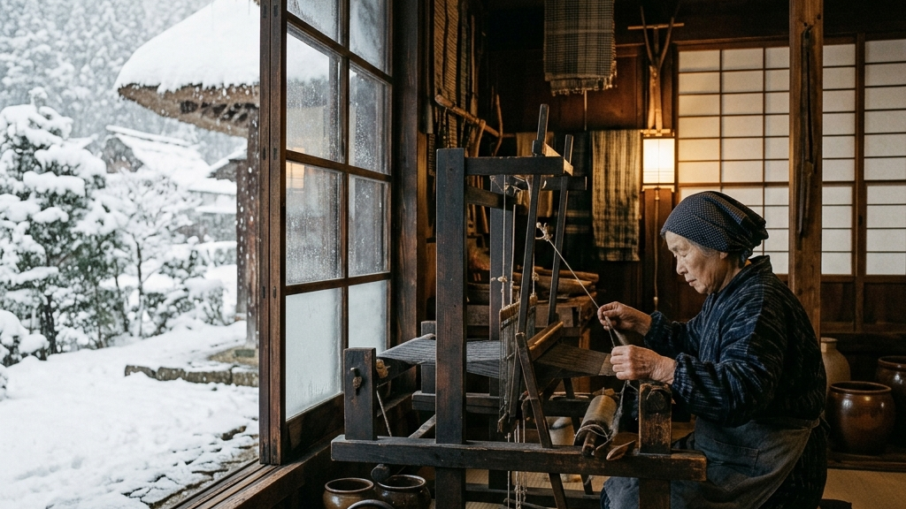 豪雪に閉ざされた福島県昭和村の古民家の中で地機に向かい静かに糸を紡ぐ情景