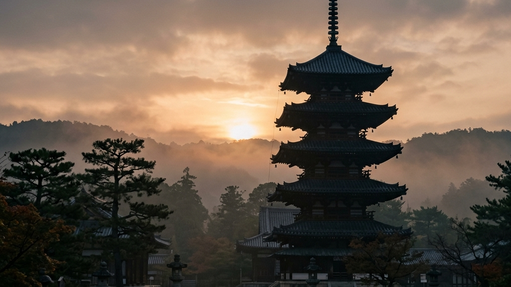 美しい斑鳩の山々を背景に夕暮れの中で静かに佇む法隆寺五重塔のパノラマ写真。千年の地政学的な要衝の気配