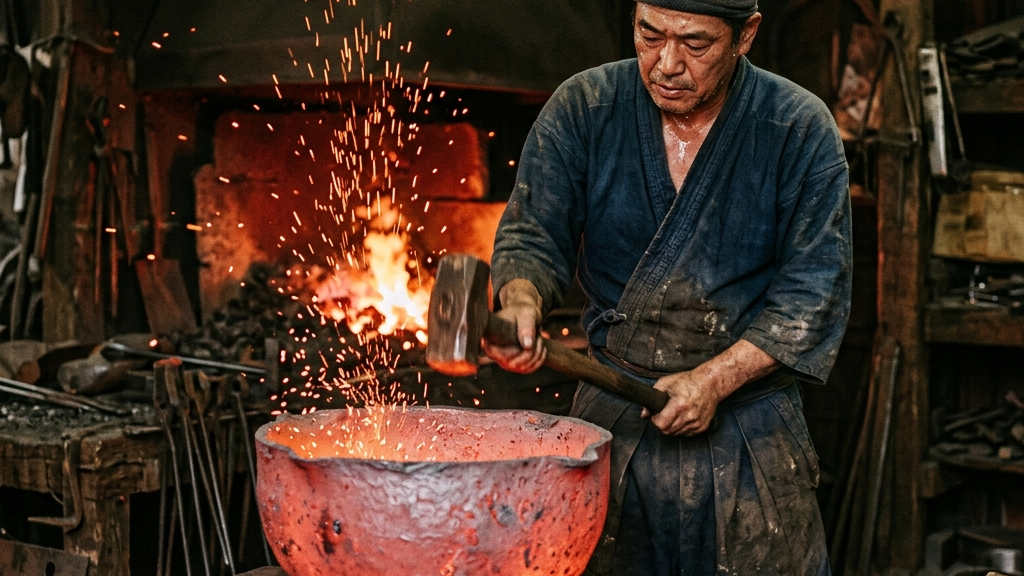 赤く燃え盛る火と鉄、中居鋳物の職人による巨大塩釜製造の情景