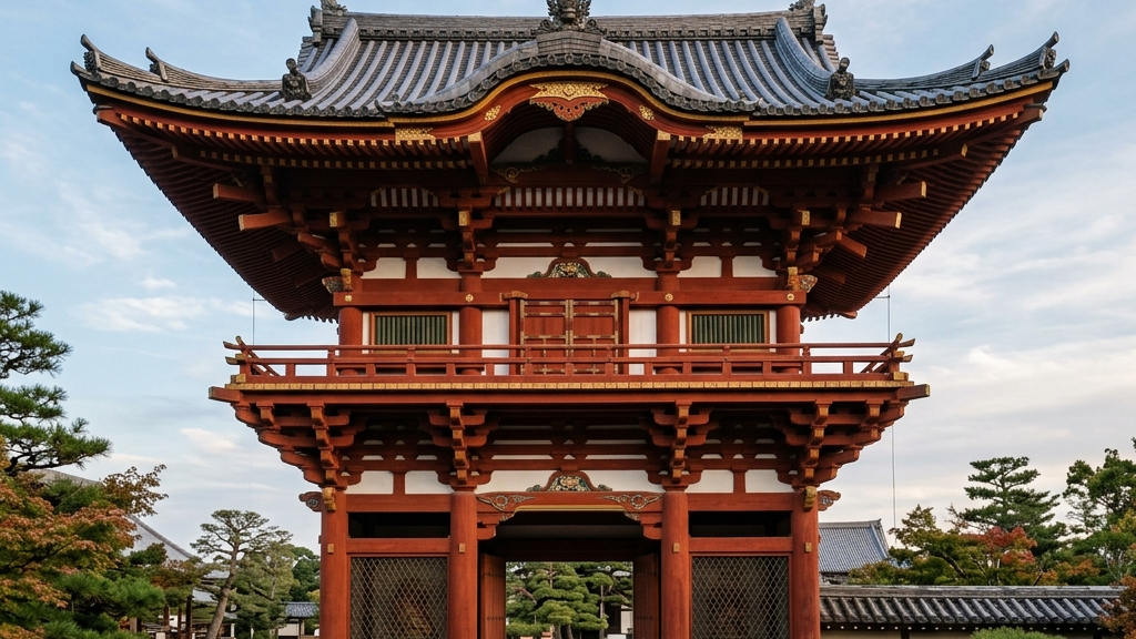 朱塗りの鮮やかな色彩が目を引く、武雄温泉のシンボルである天平式楼門