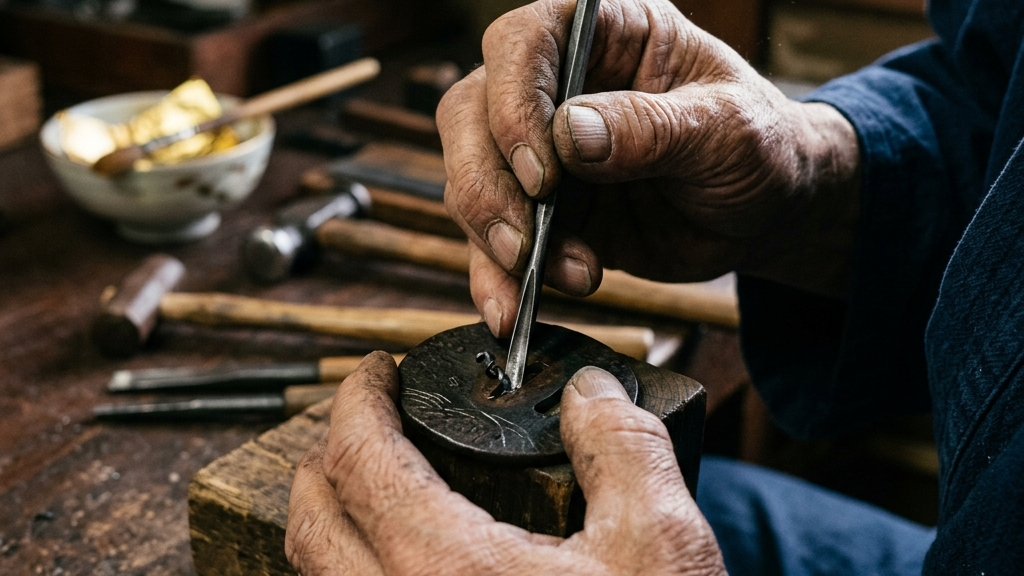 鉄の表面に細かな布目を鏨で刻む職人の手仕事と、純金箔を叩き込む金属工芸の超細密マクロカット