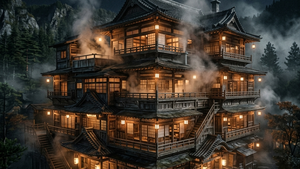 重厚な木造三層楼の威容を誇る、夜にライトアップされた道後温泉本館
