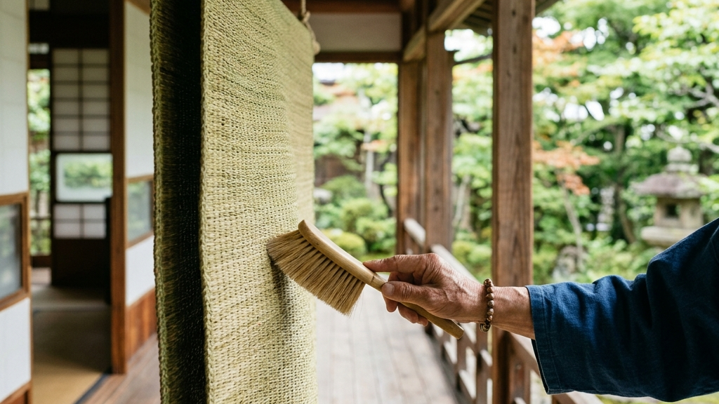 日陰で風通しの良い場所に干され、清々しく乾いた香りを放つい草ラグと、優しくブラッシングする職人の手仕事