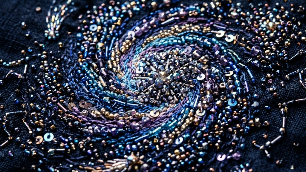 ガラスビーズやスパンコールが密集し、極微の宇宙を形成するpiñataの唯一無二の刺繍ジュエリー