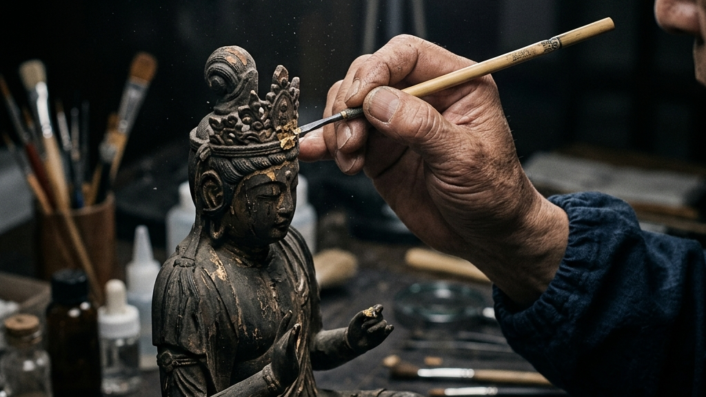 古い木仏や金属工芸品を顕微鏡と特殊な道具を用いて微細に修復する若き修復士の手元のマクロ撮影。伝統技術の臨床の現場