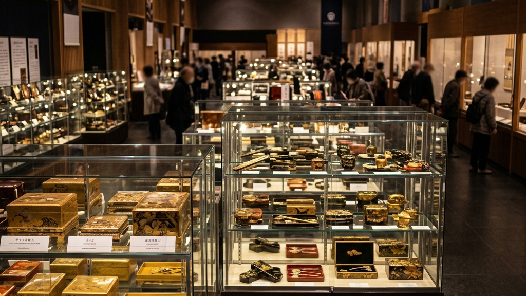 駿府楽市で展示されている150点の駿河蒔絵作品の全景