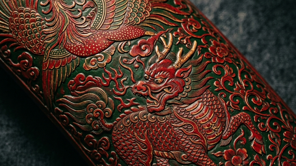 鮮やかな深紅と深緑に染められた象牙の表面に極細の彫刻で鳥獣が描かれた超絶的な撥鏤工芸品の拡大写真。シルクロードの美意識の息吹